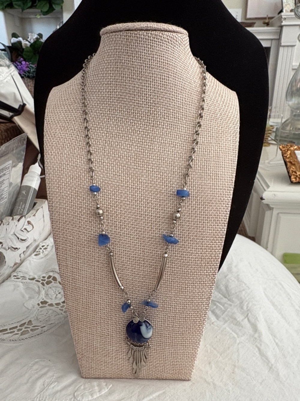 Costa Rica Beach glass Blue Blown glass Pendant silver alloy necklace